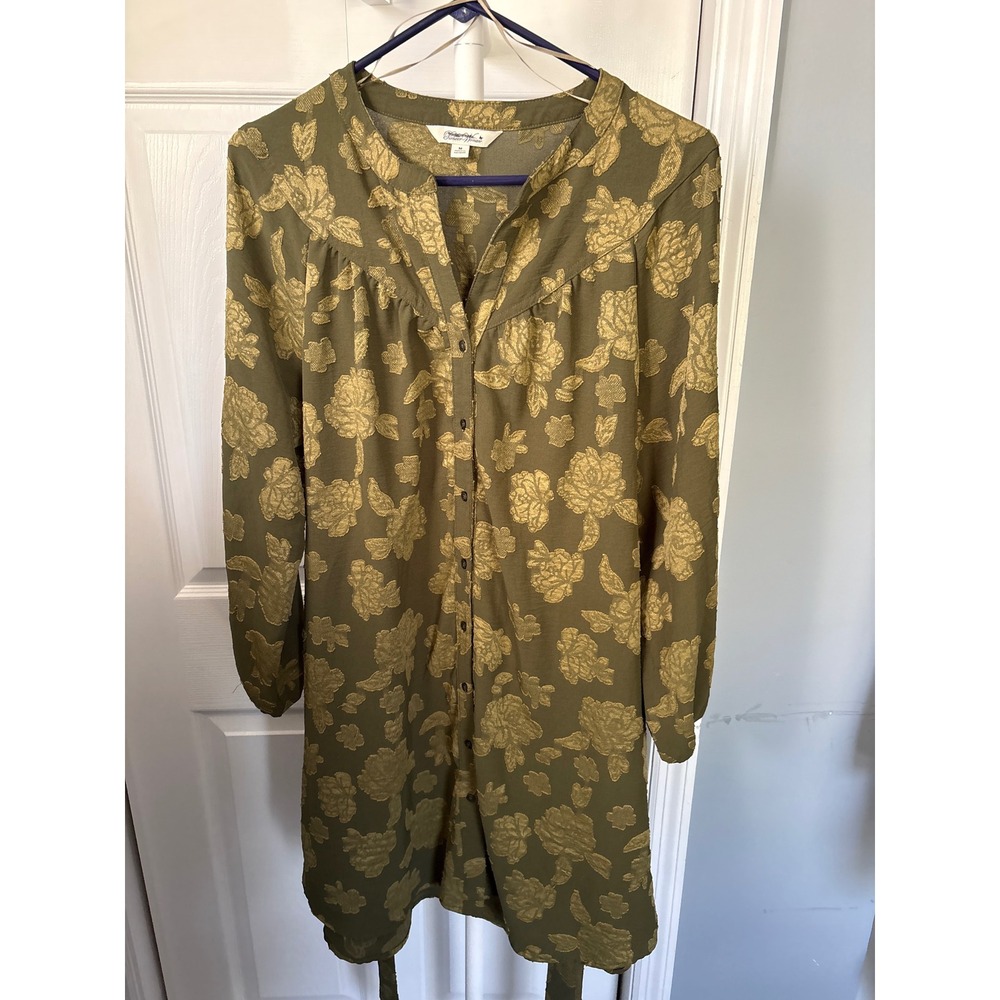 The Pioneer Woman Olive Green Gold Floral Jacquard Button Front Dress Medium